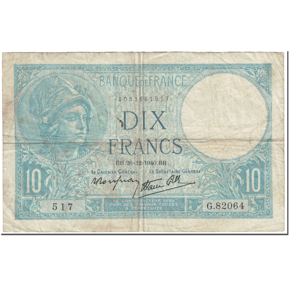 France, 10 Francs, Minerve, 1940, 1940-12-26, B, Fayette:7.25, KM:84