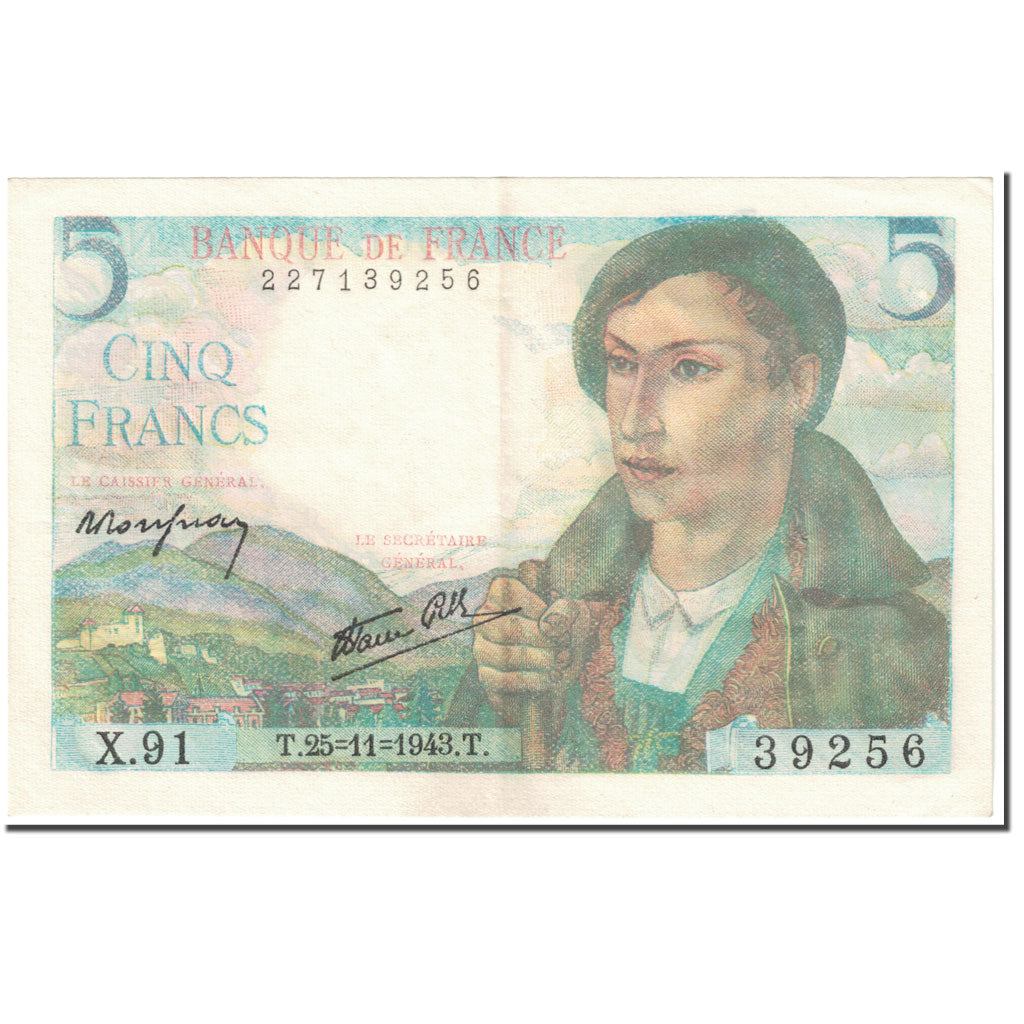 France, 5 Francs, Berger, 1943, 1943-11-25, EF(40-45), Fayette:5.4, KM:98a