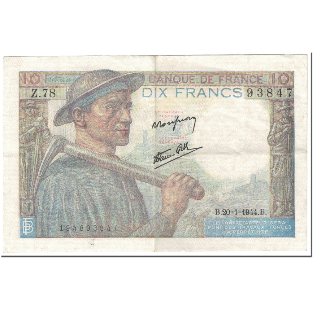 Francja, 10 Francs, Mineur, 1944, 1944-01-20, VF(20-25), Fayette:8.11, KM:99e