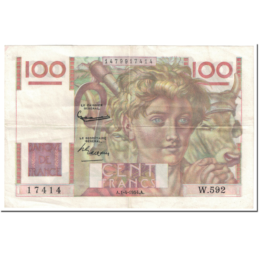 França, 100 Francs, Jeune Paysan, 1954, 1954-04-01, VF(20-25), Fayette:28.43