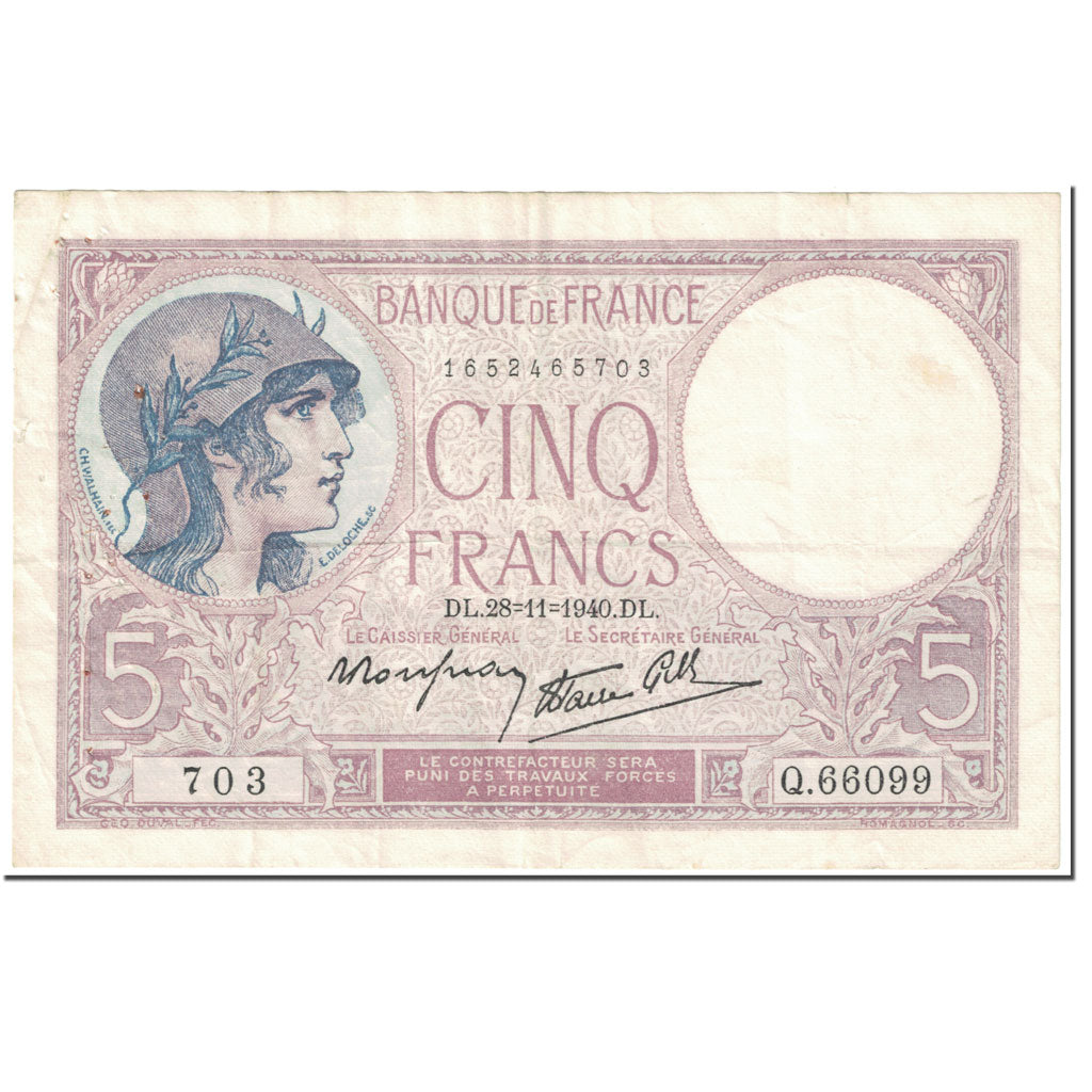 France, 5 Francs, Violet, 1940, 1940-11-28, VF(20-25), Fayette:4.15, KM:83