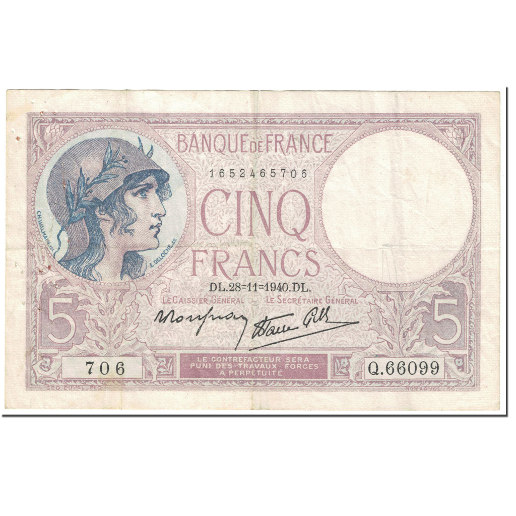 Francia, 5 Francs, Violet, 1940, 1940-11-28, MB, Fayette:4.15, KM:83
