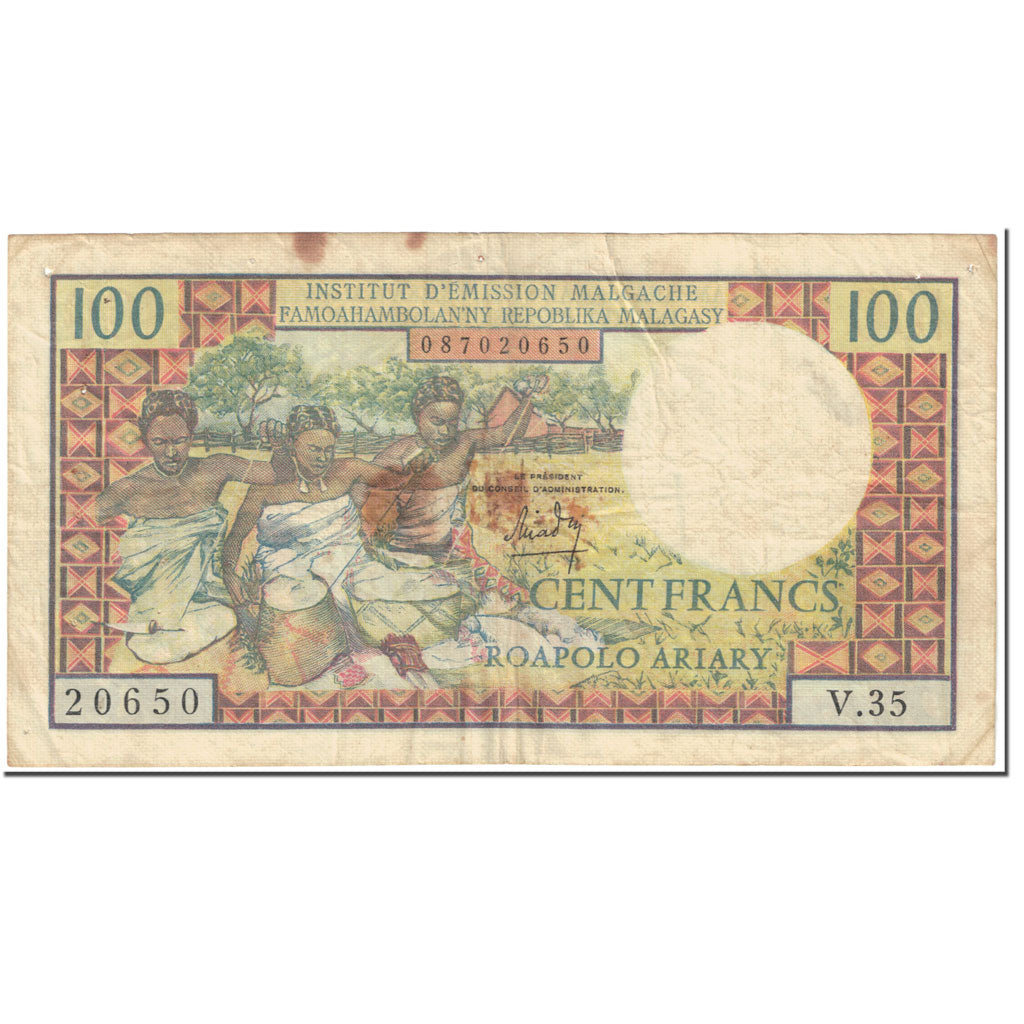 Banknote, Madagascar, 100 Francs =  20 Ariary, 1966, Undated (1966), KM:57a