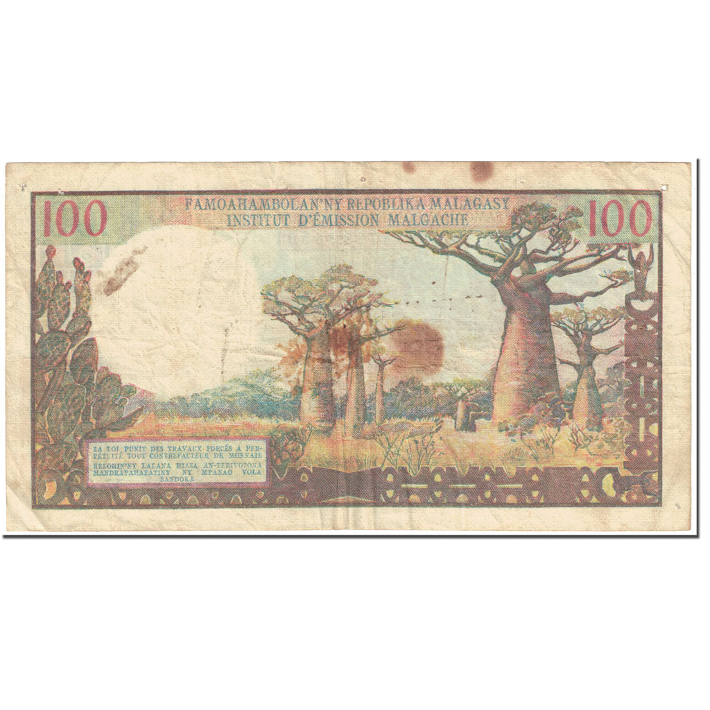 Banknote, Madagascar, 100 Francs =  20 Ariary, 1966, Undated (1966), KM:57a