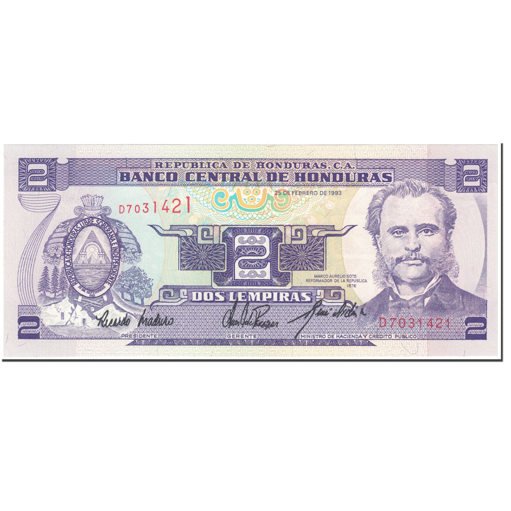 Banknote, Honduras, 2 Lempiras, 1993, 1993-02-25, KM:72b, UNC(65-70)