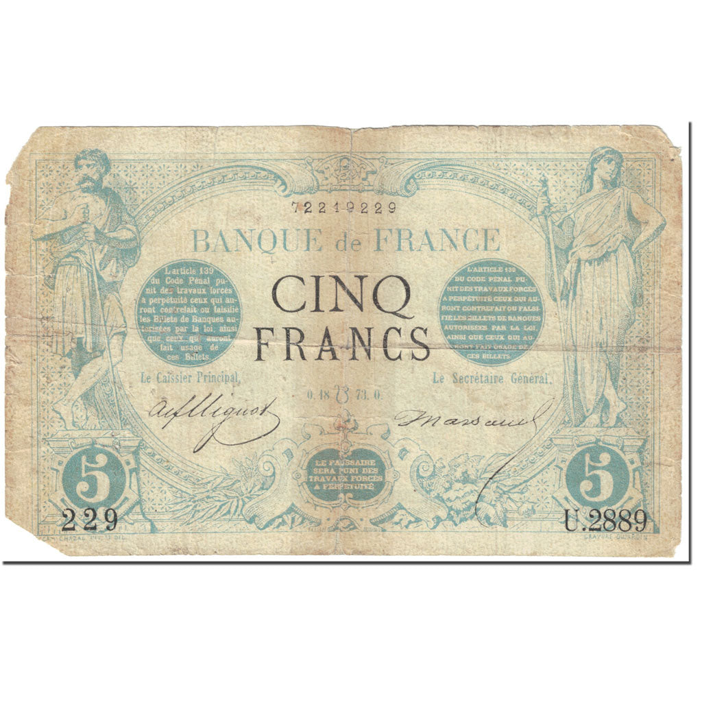 France, 5 Francs, Noir, 1873, 1873-07-18, VG(8-10), Fayette:1.20, KM:60