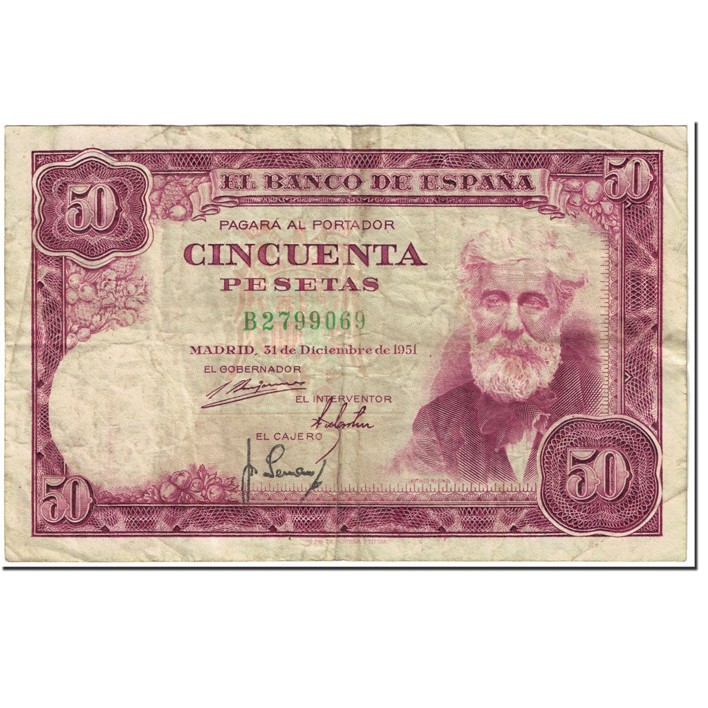 Banknote, Spain, 50 Pesetas, 1951, 1951-12-31, KM:141a, VF(20-25)