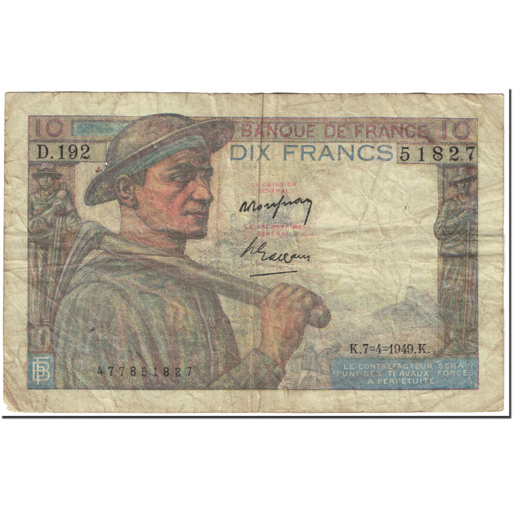 Francja, 10 Francs, Mineur, 1949, 1949-04-07, VG(8-10), Fayette:8.21, KM:99f