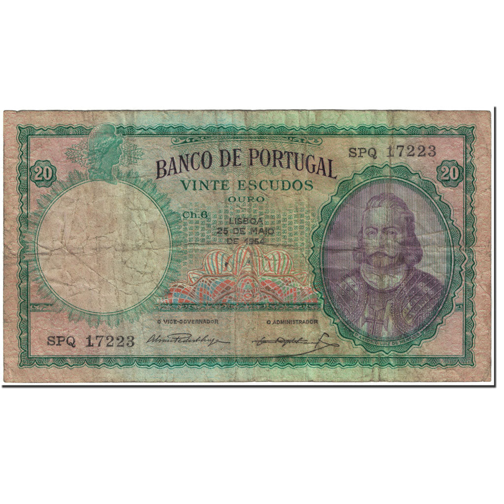 Banconote, Portogallo, 20 Escudos, 1954, 1954-05-25, KM:153a, MB