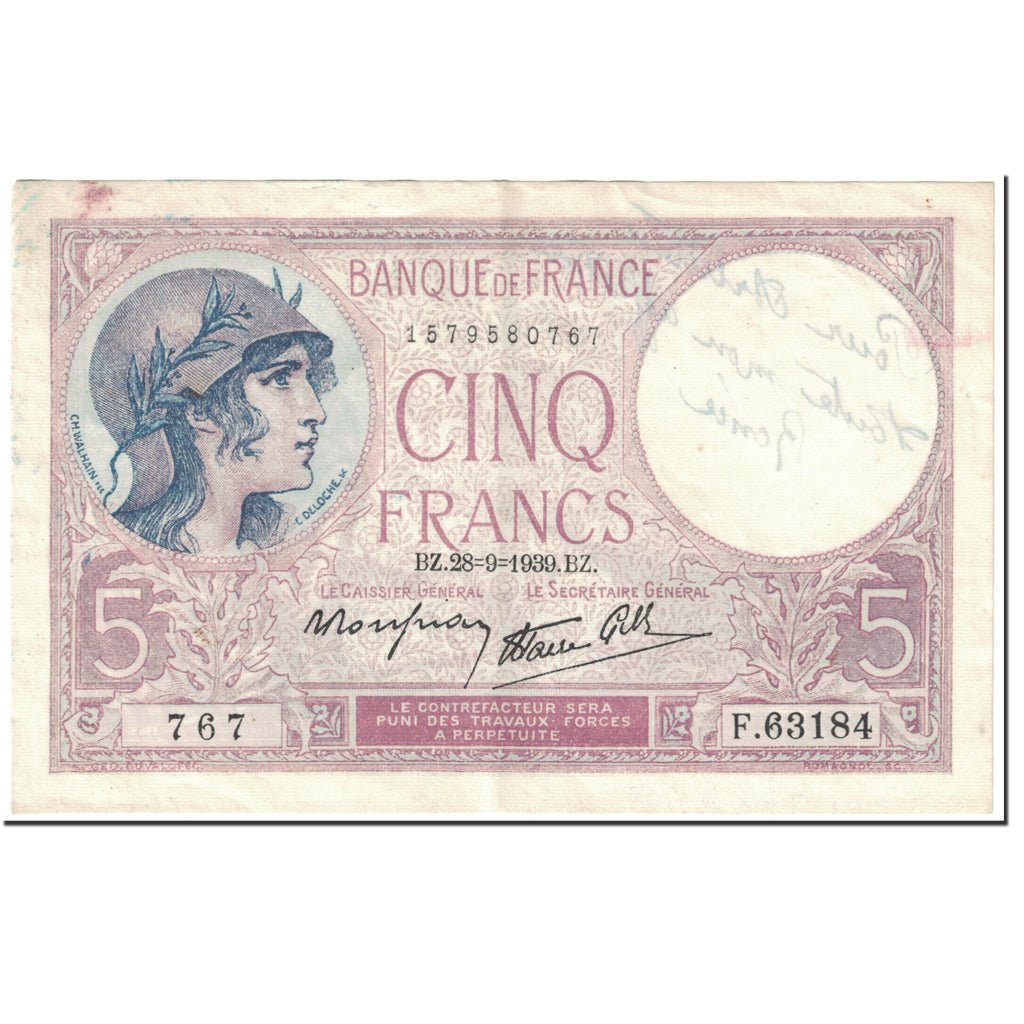 Frankreich, 5 Francs, Violet, 1939, 1939-09-28, With Text, S, Fayette:4.10