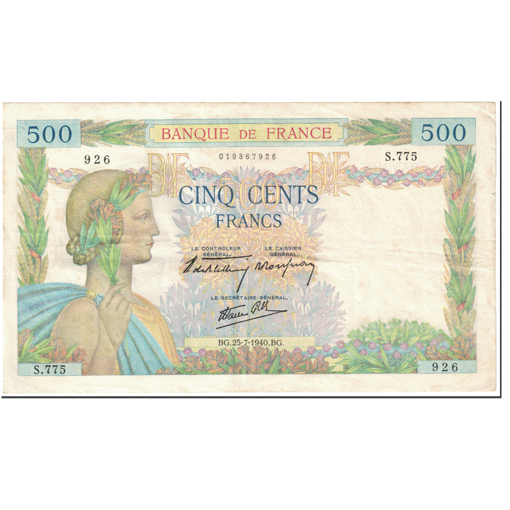 France, 500 Francs, La Paix, 1940, 1940-07-25, VF(20-25), Fayette:32.5, KM:95a