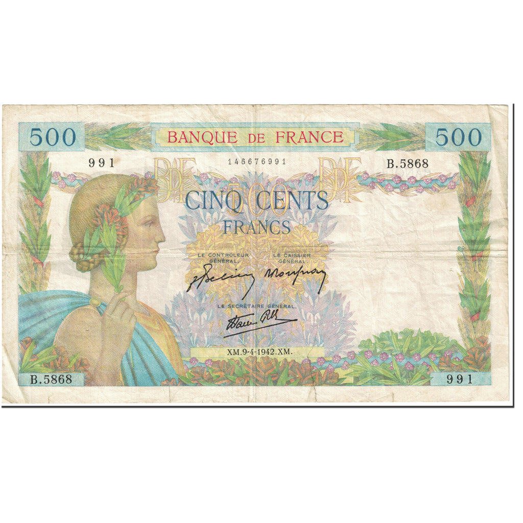 France, 500 Francs, La Paix, 1942, 1942-04-09, VF(20-25), Fayette:32.34, KM:95b