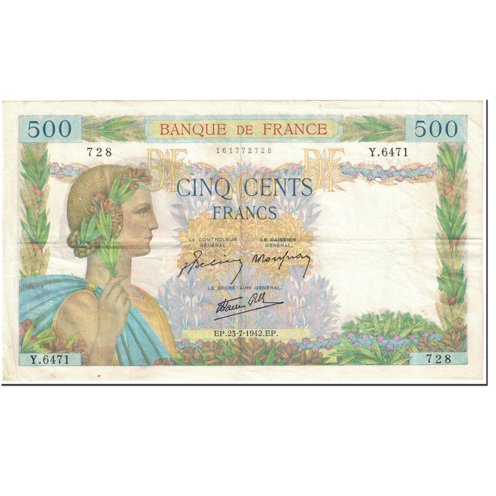 France, 500 Francs, La Paix, 1942, 1942-07-23, VF(20-25), Fayette:32.34, KM:95b