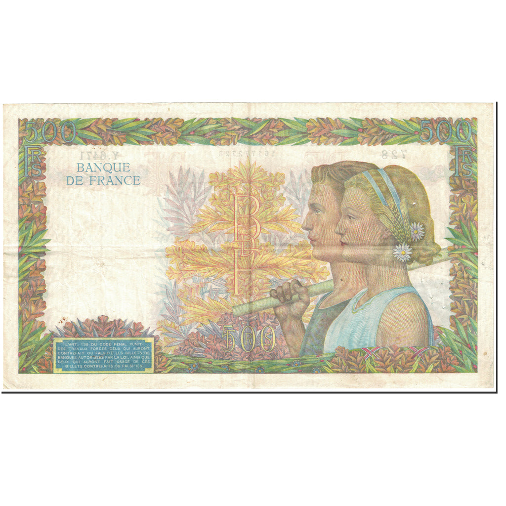 France, 500 Francs, La Paix, 1942, 1942-07-23, VF(20-25), Fayette:32.34, KM:95b
