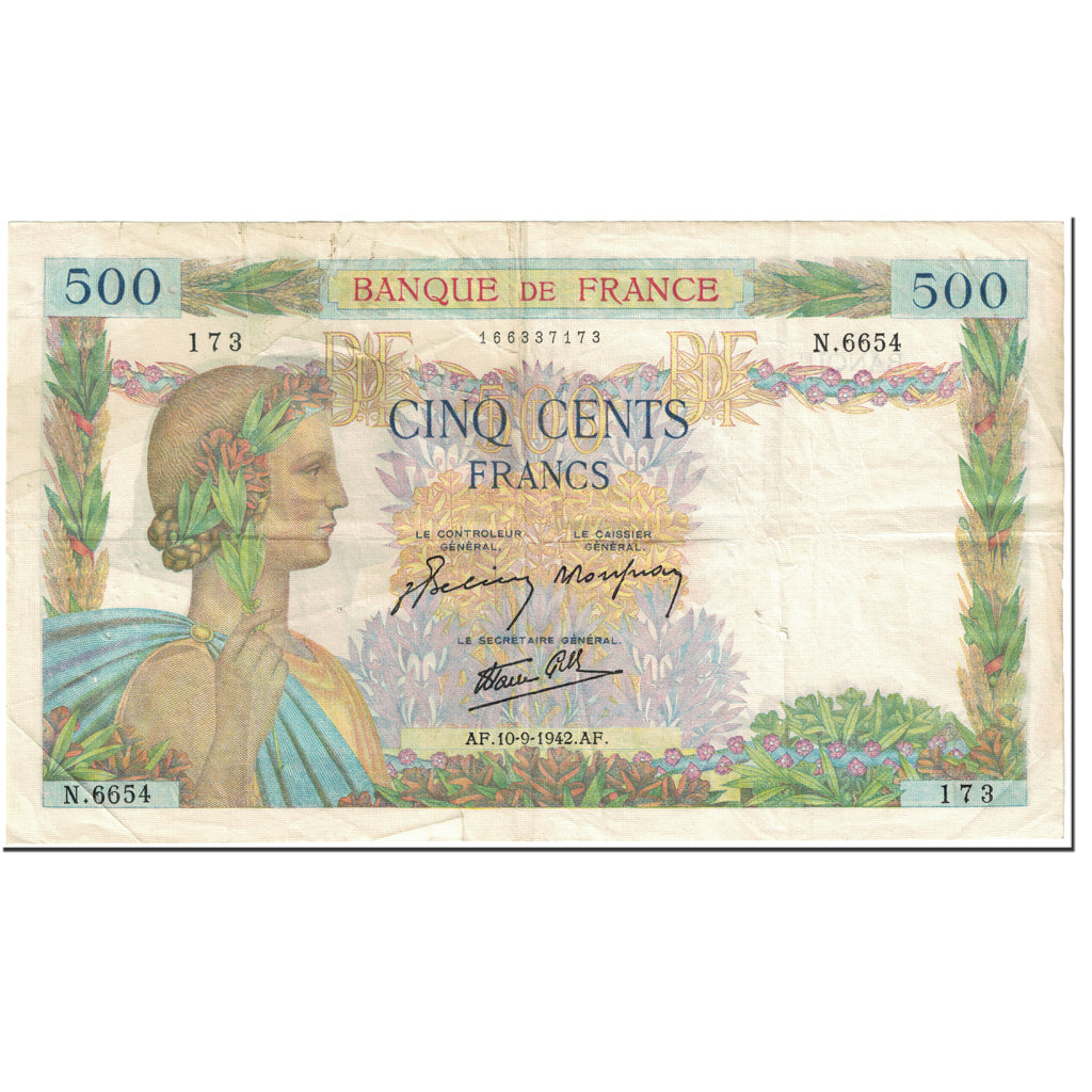 France, 500 Francs, La Paix, 1942, 1942-09-10, VF(20-25), Fayette:32.40, KM:95b