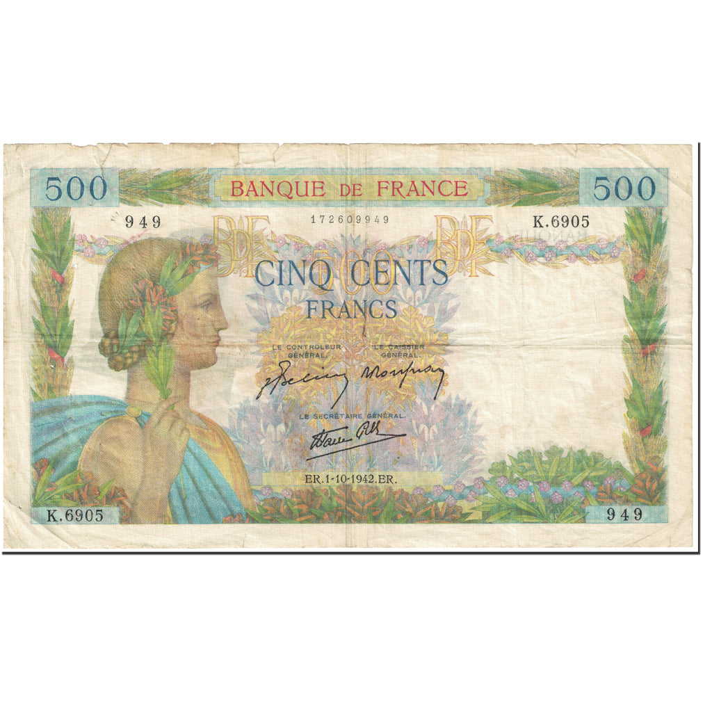 França, 500 Francs, La Paix, 1942, 1942-10-01, VF(20-25), Fayette:32.41, KM:95b