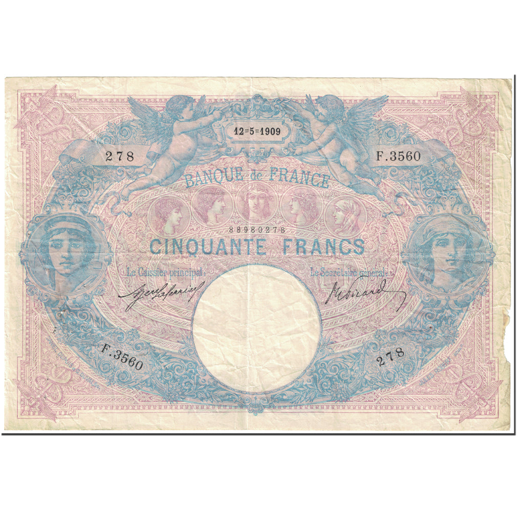 France, 50 Francs, Bleu et Rose, 1908, 1909-05-12, VF(20-25), Fayette:14.22