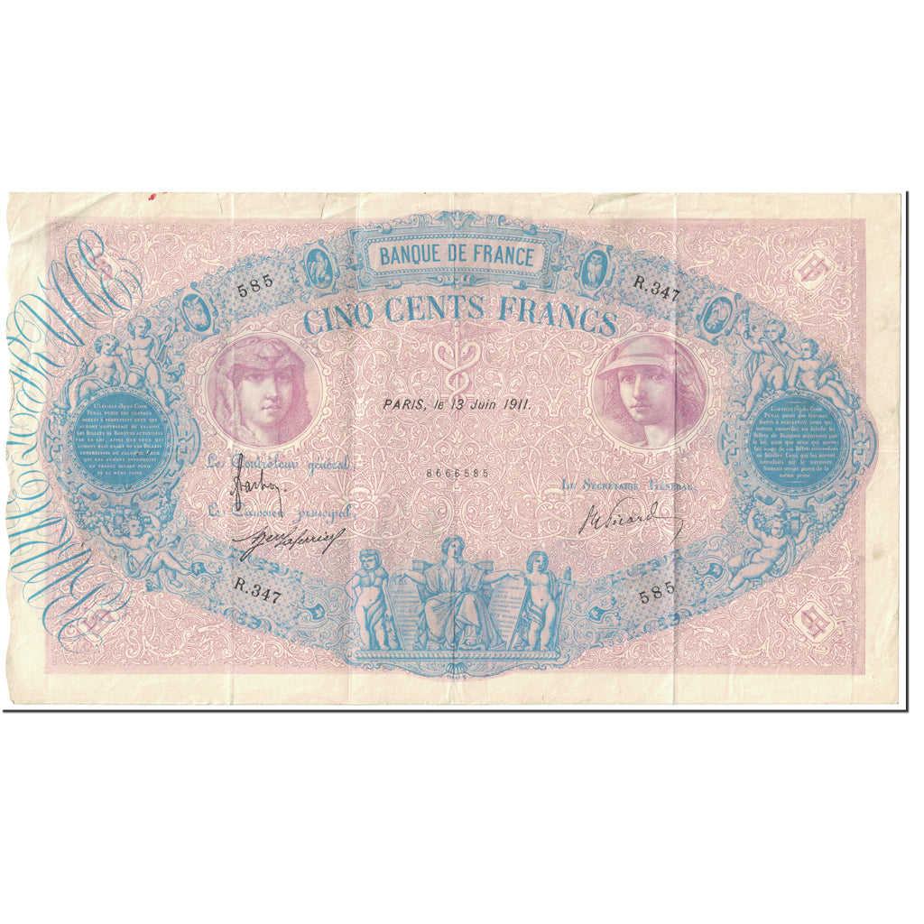 Francia, 500 Francs, Bleu et Rose, 1911, 1911-06-13, BC, Fayette:30.19, KM:66g