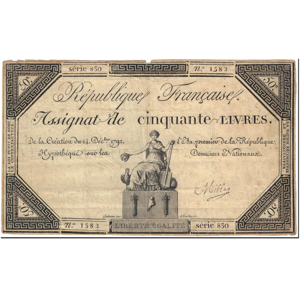 France, 50 Livres, 1792, MILLE, 1792-12-14, VF(20-25), KM:A72, Lafaurie:164