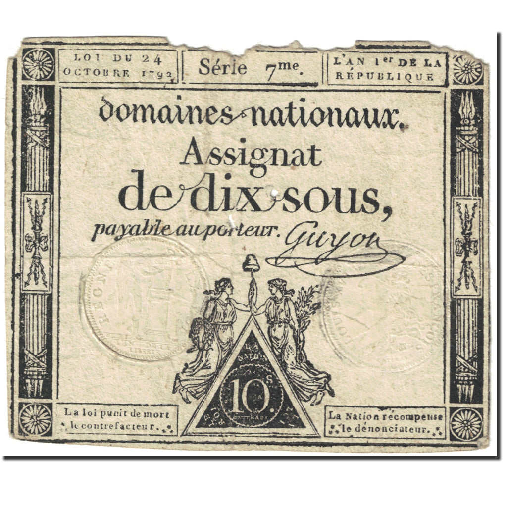 France, 10 Sous, 1792, Guyon, 1792-09-14, AG(1-3), KM:A64a, Lafaurie:165a