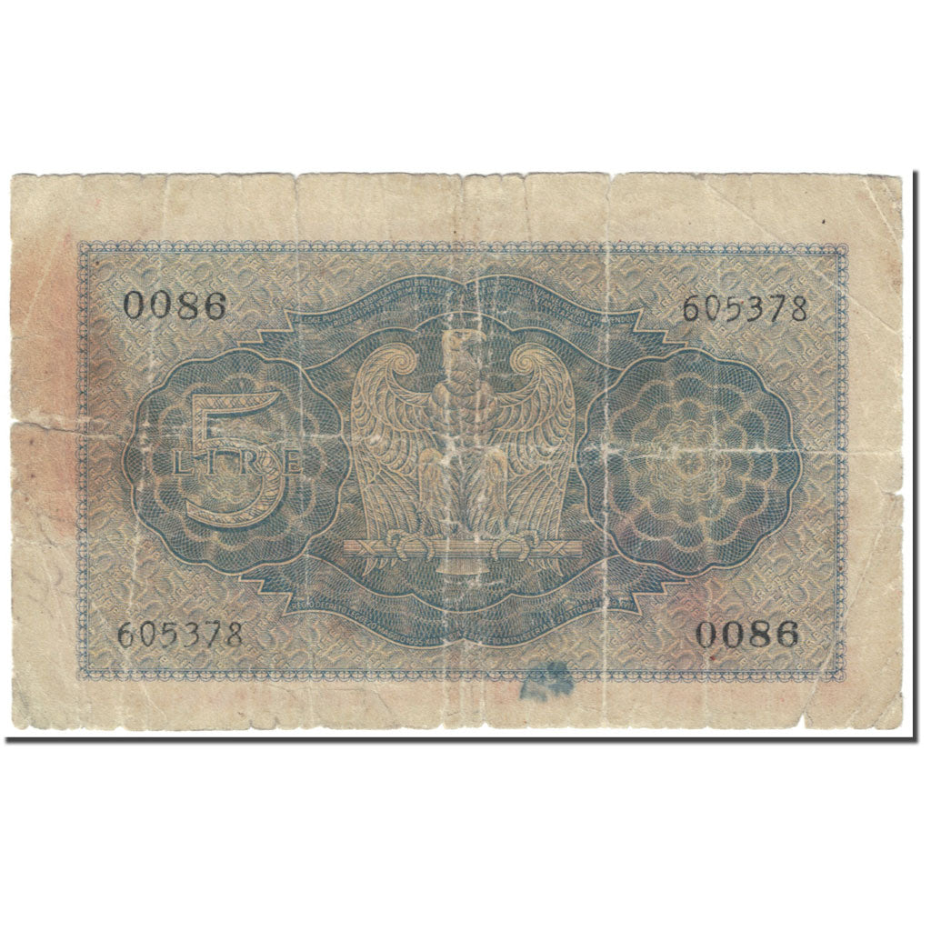Banknote, Italy, 5 Lire, 1944, Undated (1944), KM:28, AG(1-3)