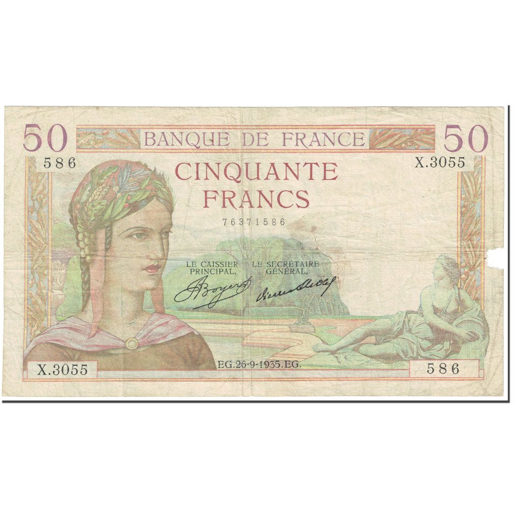 França, 50 Francs, Cérès, 1935, 1935-09-26, AG(1-3), Fayette:17.17, KM:81