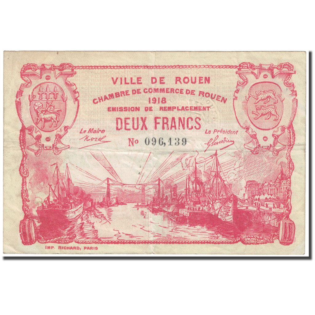 France, Rouen, 2 Francs, 1918, VF(20-25), Pirot:110-41