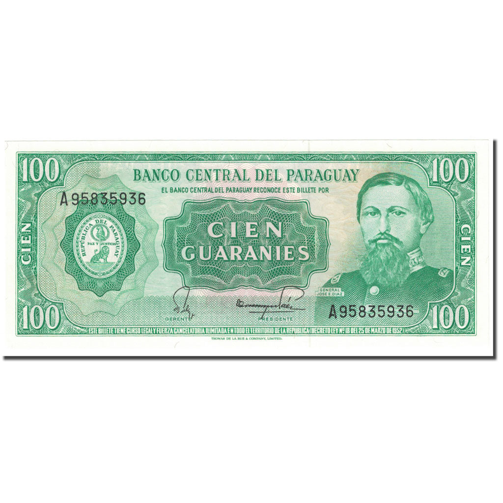 Billete, 100 Guaranies, 1982, Paraguay, 1982 (Old Date 25/03/1952), KM:205, UNC
