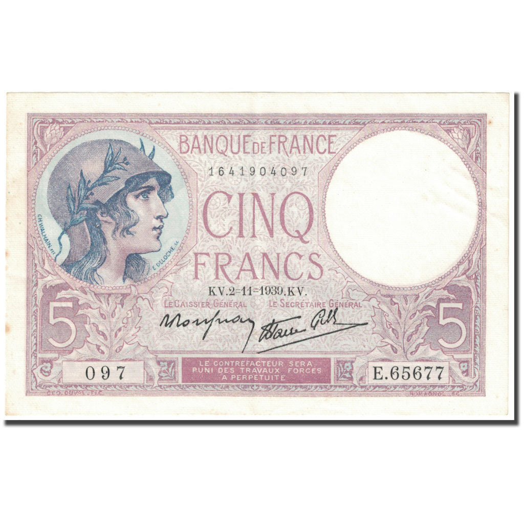 Frankreich, 5 Francs, Violet, 1939, 1939-11-02, SS+, Fayette:3.14, KM:72d