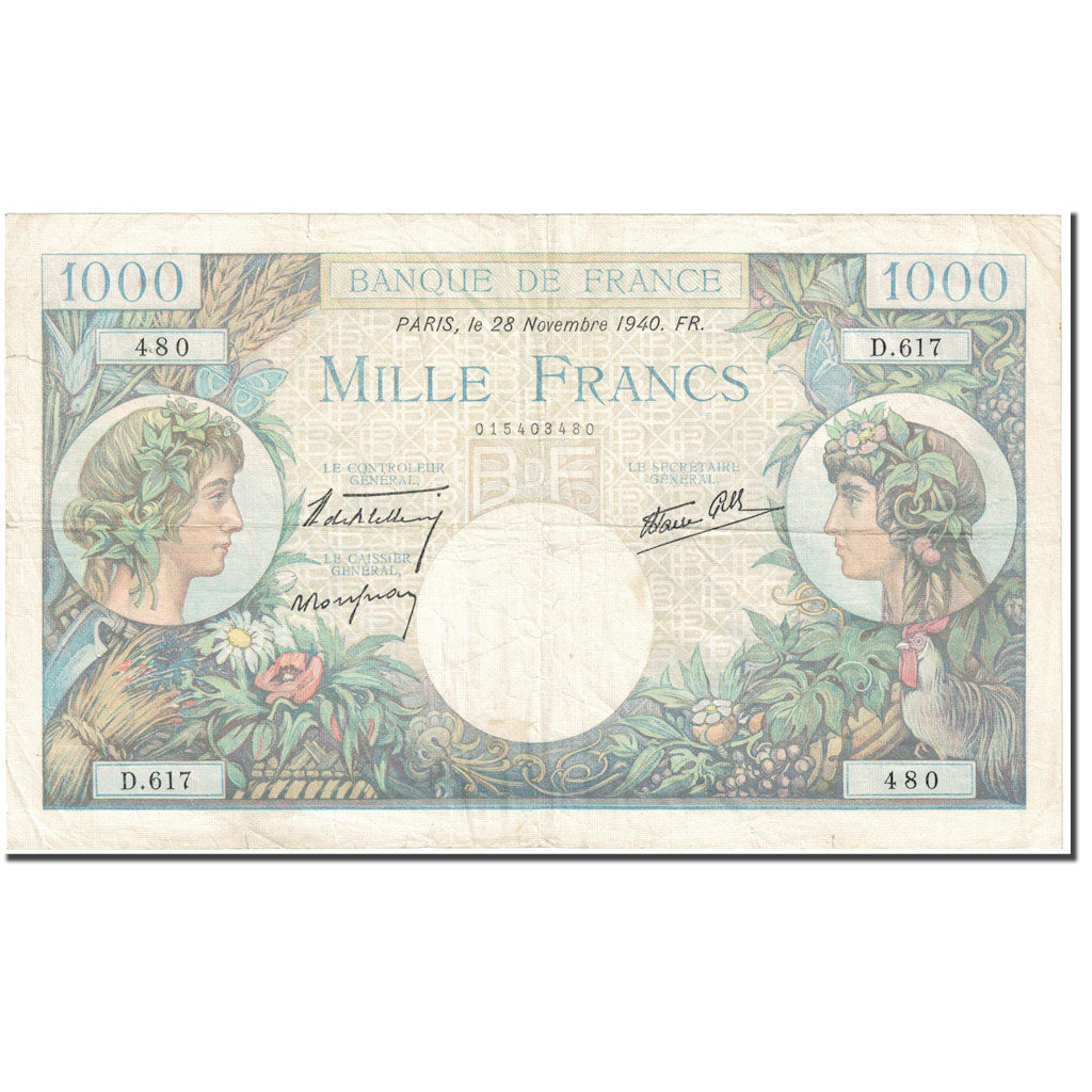 France, 1000 Francs, Commerce et Industrie, 1940, 1940-11-28, VF(20-25)