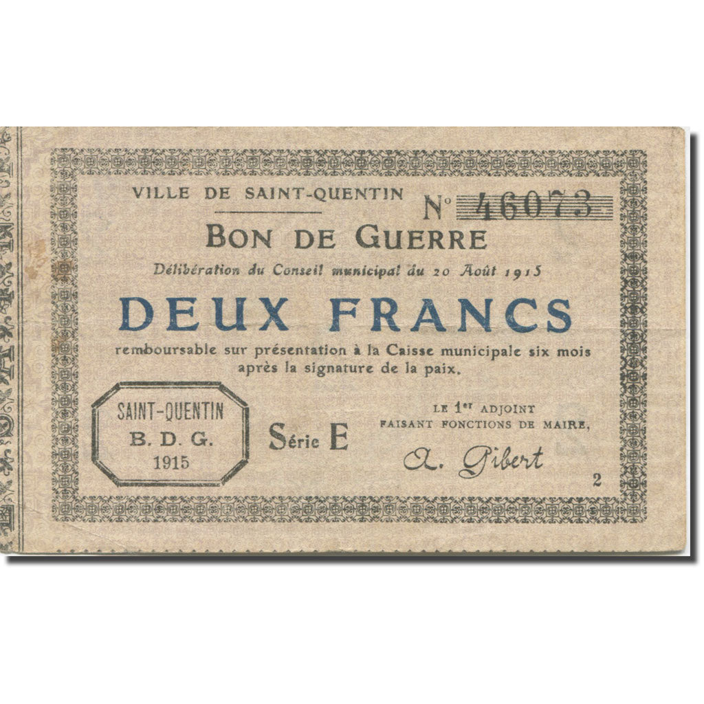 France, Saint-Quentin, 2 Francs, 1915, EF(40-45), Pirot:02-2057