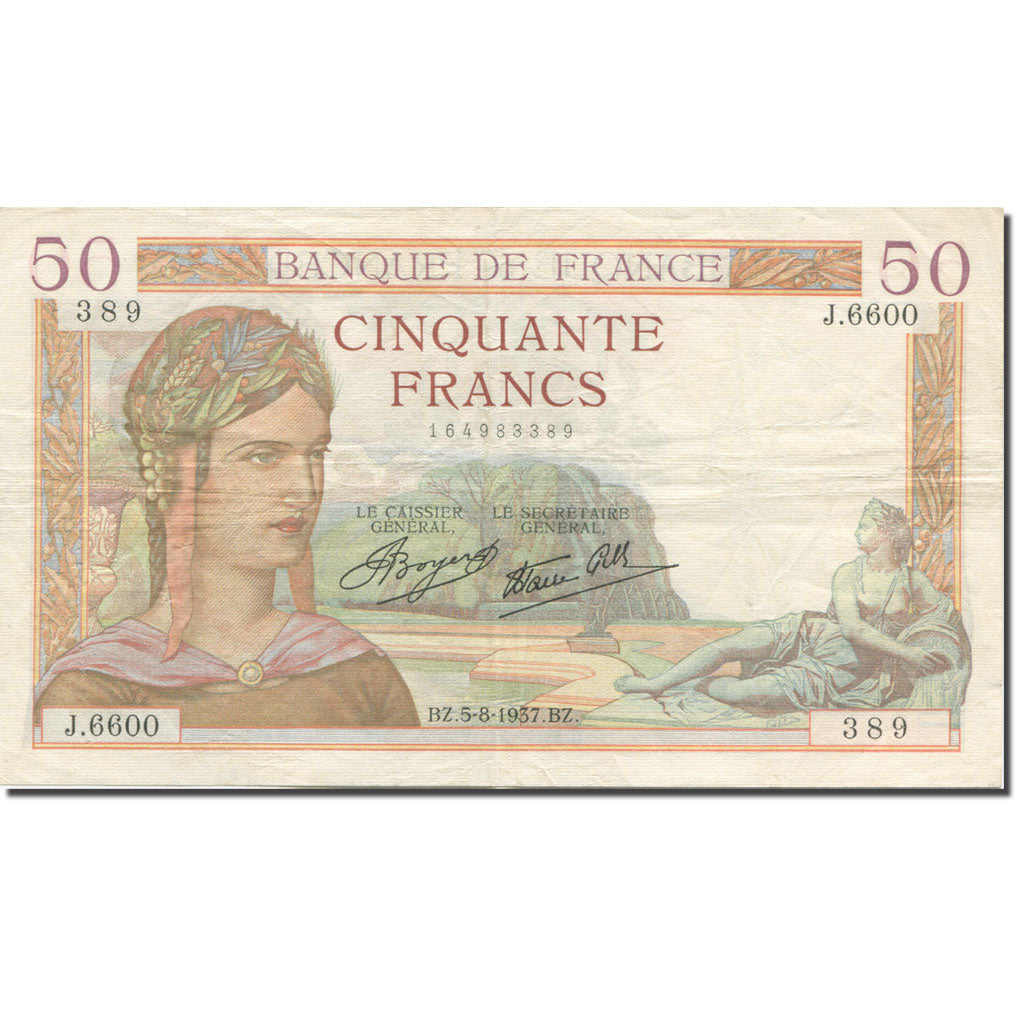 Francia, 50 Francs, Cérès, 1937, 1937-08-05, BB, Fayette:18.1, KM:85a