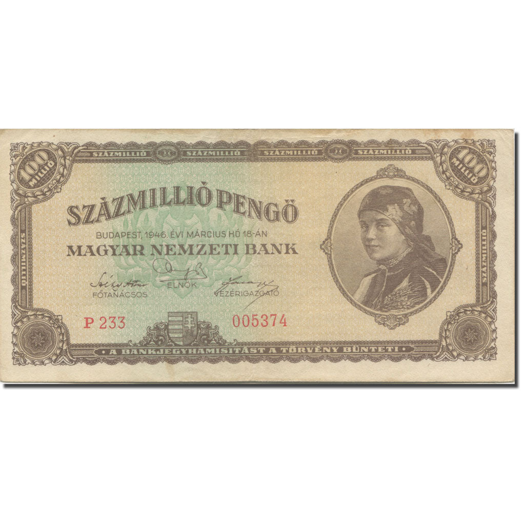 Billet, Hongrie, 100,000,000 Pengö, 1946, 1946-03-18, KM:124, TTB