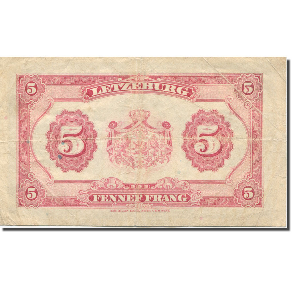 Banknote, Luxembourg, 5 Francs, 1944, Undated (1944), KM:43b, VF(20-25)