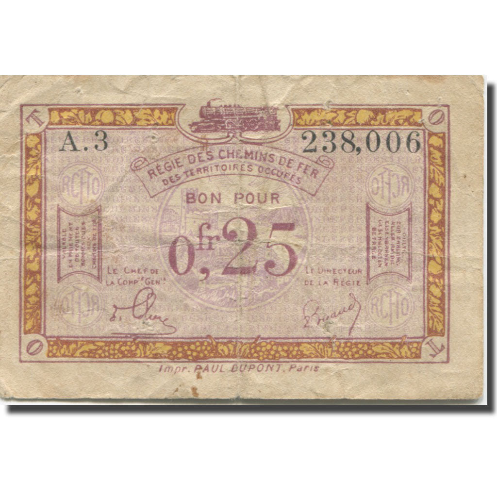 Francia, Régie des chemins de Fer, 25 Centimes, 1923, MB, Pirot:135-3