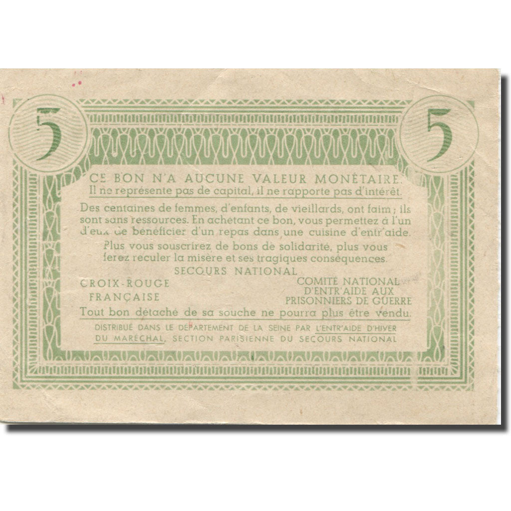 France, Bon de Solidarité, 5 Francs, 1941, EF(40-45)