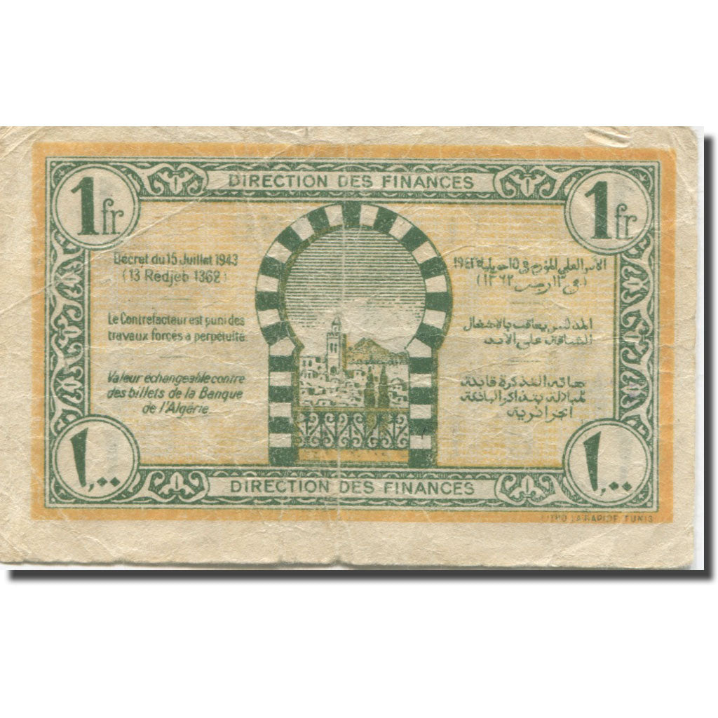 Billete, 1 Franc, 1943, Túnez, 1943-07-15, KM:55, BC