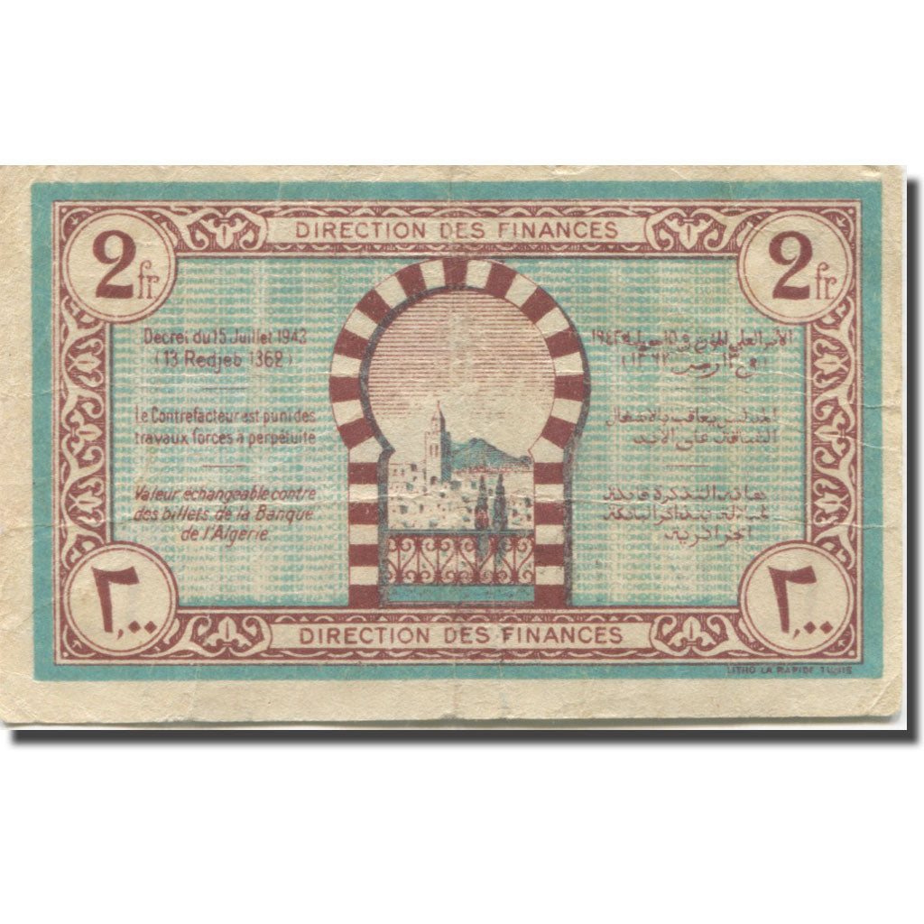 Banknote, Tunisia, 2 Francs, 1943, 1943-07-15, KM:56, VF(30-35)