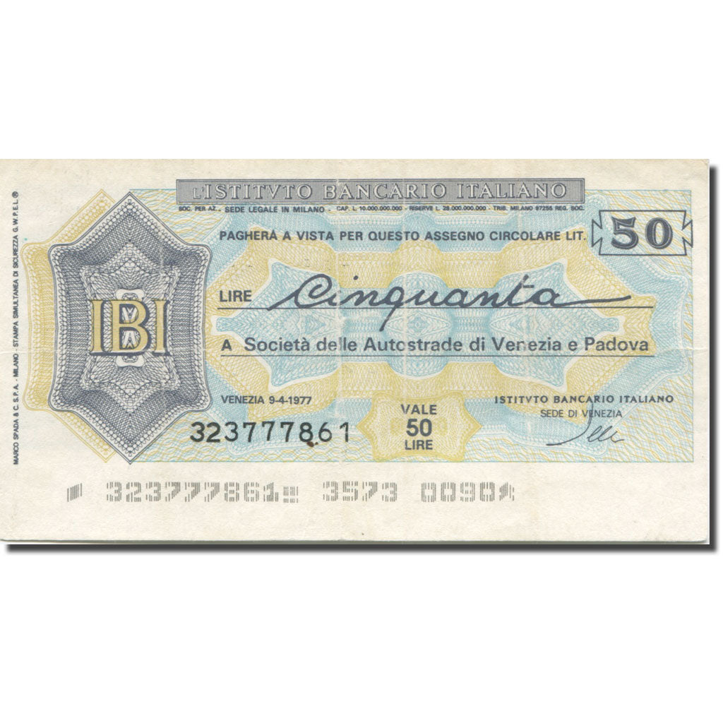 Billet, Italie, 50 Lire, 1977, 1977-04-09, Venezia e Padova, TTB