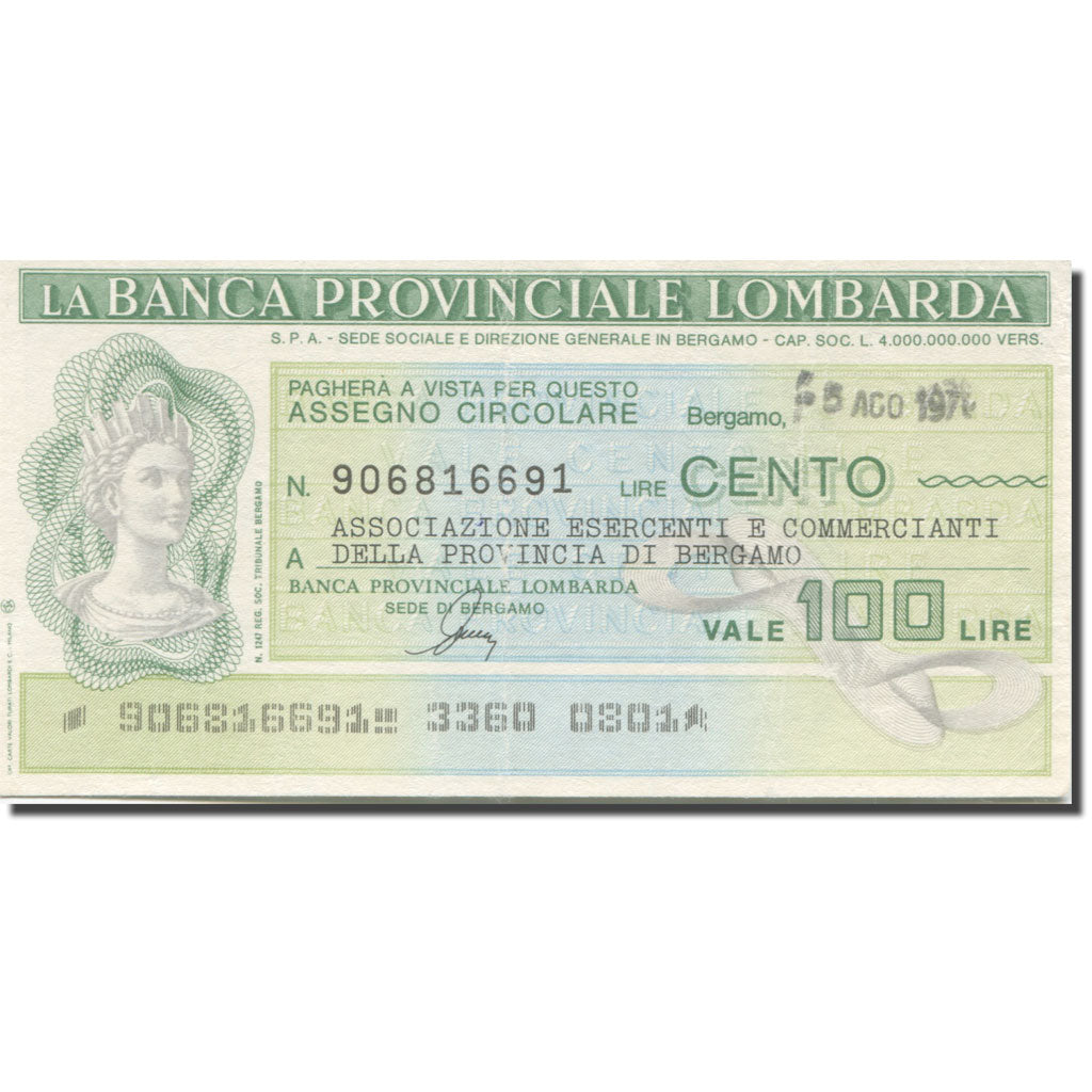 Banknote, Italy, 100 Lire, 1976, 1976-08-15, Bergamo, AU(55-58)