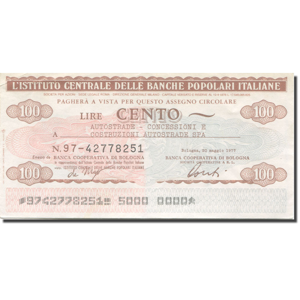 Nota, Itália, 100 Lire, 1977, 1977-05-20, Bologna, AU(50-53)