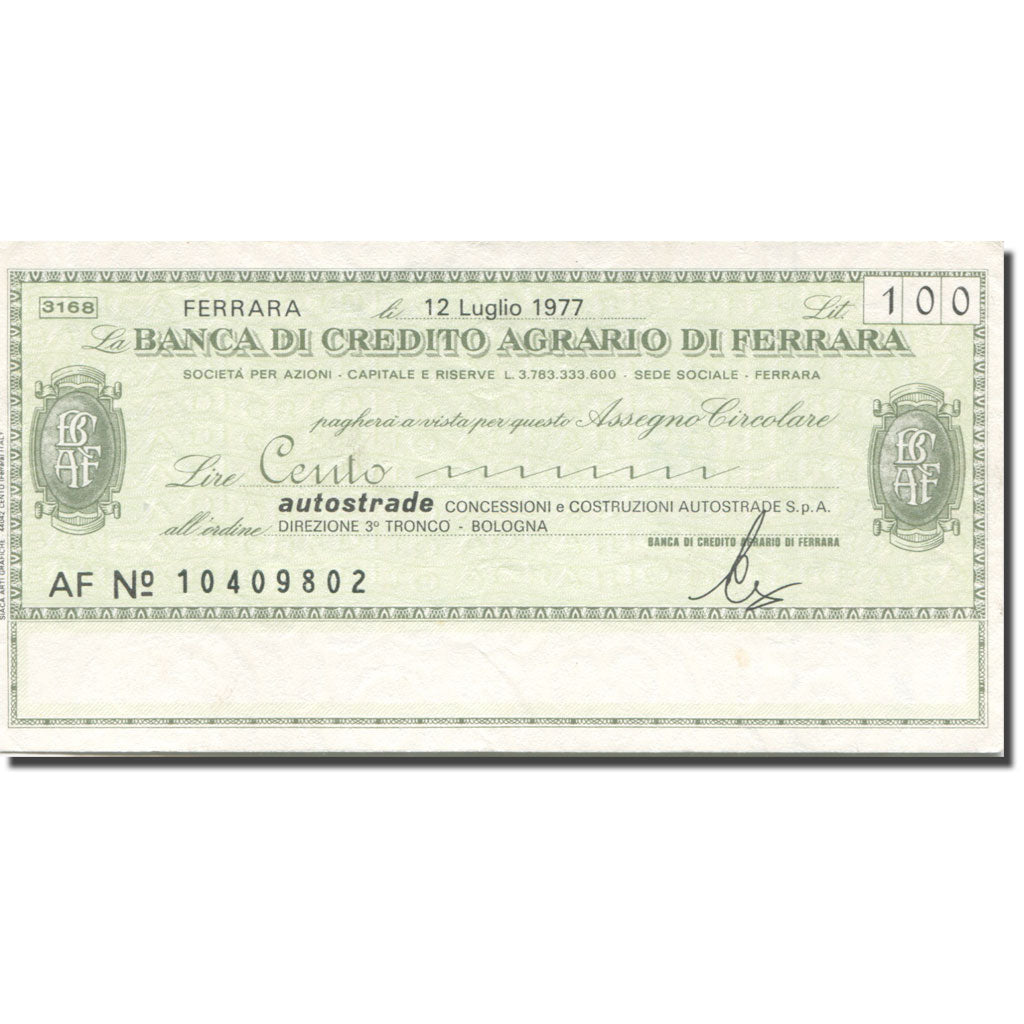 Biljet, Italië, 100 Lire, 1977, 1977-07-12, Ferrara, TTB