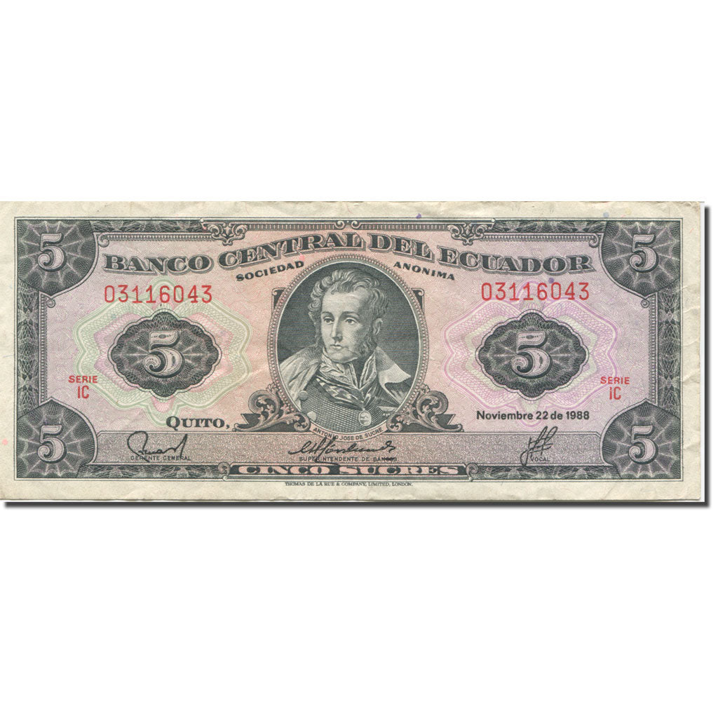 Banknot, Ekwador, 5 Sucres, 1988, 1988-11-22, KM:113d, EF(40-45)