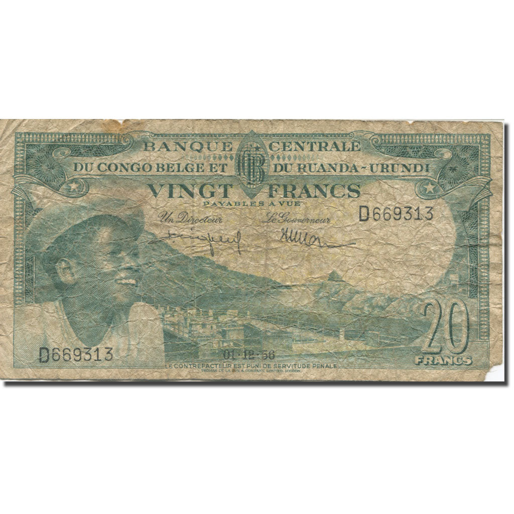 Banknote, Belgian Congo, 20 Francs, 1956, 1956-12-01, KM:31, AG(1-3)