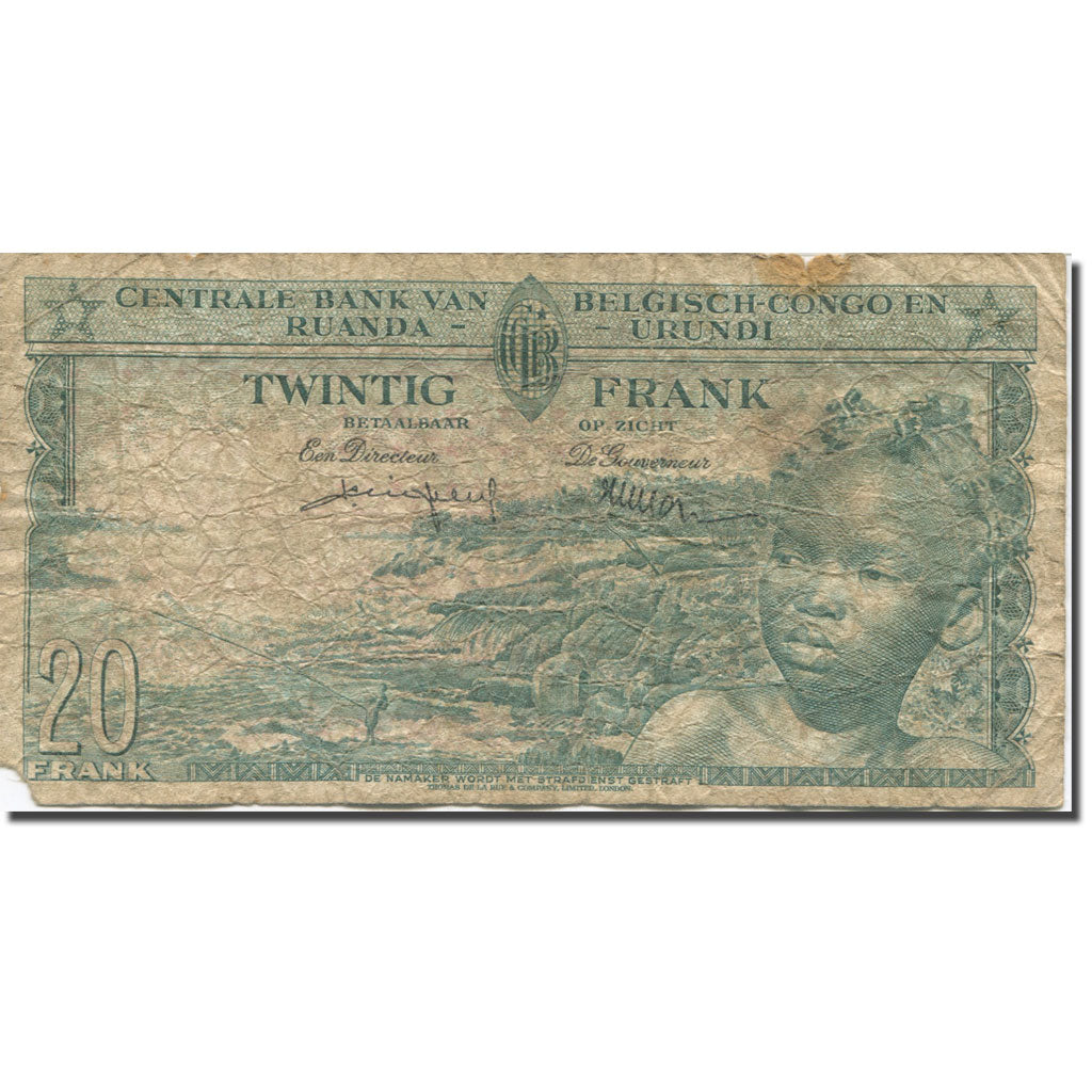 Banknote, Belgian Congo, 20 Francs, 1956, 1956-12-01, KM:31, AG(1-3)