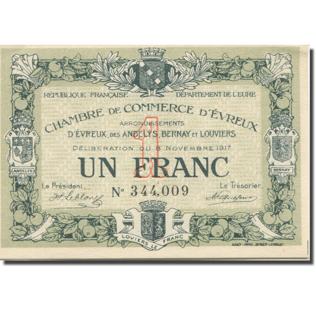 Francia, Evreux, 1 Franc, 1917, FDS, Pirot:57-12