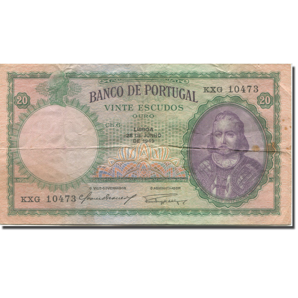 Banknote, Portugal, 20 Escudos, 1949, 1949-06-28, KM:153a, VG(8-10)