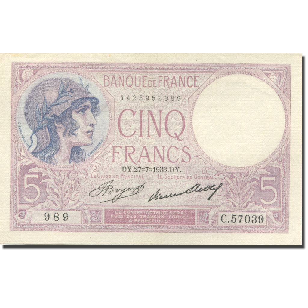 França, 5 Francs, Violet, 1933, 1933-07-27, UNC(60-62), Fayette:3.17, KM:72e