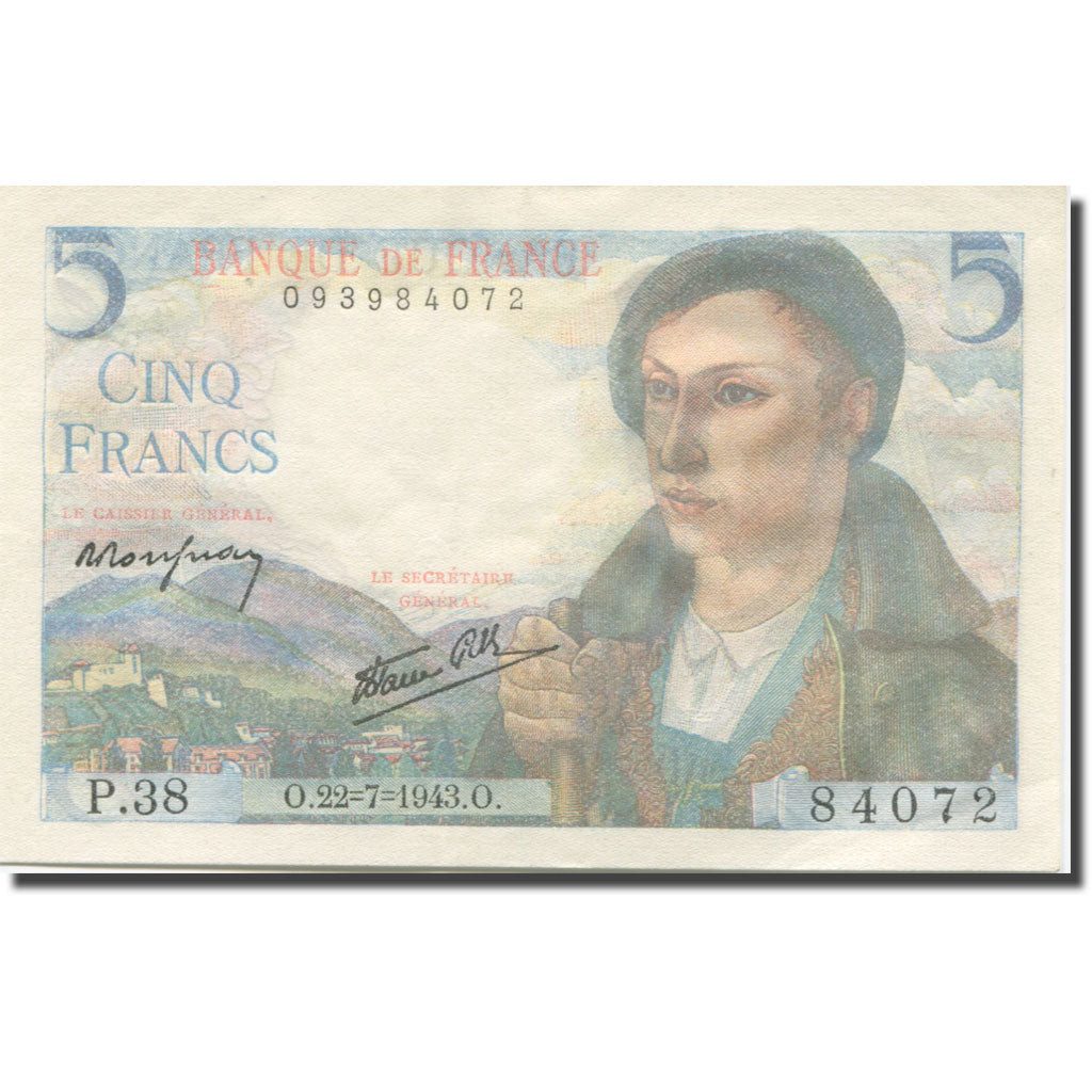 França, 5 Francs, Berger, 1943, 1943-07-22, AU(55-58), Fayette:5.2, KM:98a
