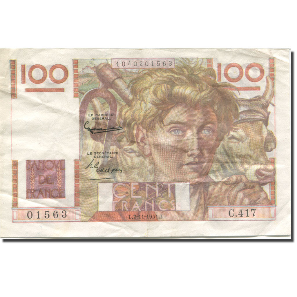 França, 100 Francs, Jeune Paysan, 1951, 1951-11-02, VF(20-25), Fayette:28.30